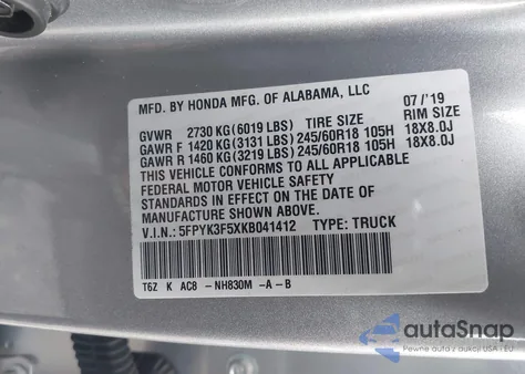 2019 Honda Ridgeline Rtl из США, поврежденный, VIN 5FPYK3F5XKB041412